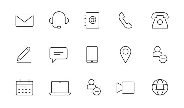 Contact, address line icon set. Mail, telephone adress, message symbol for website button. Editable stroke thin line design icon set Contact, address line icon set. Mail, telephone adress, message symbol for website button. Editable stroke thin line design icon set. Vector illustration. landline phone stock illustrations