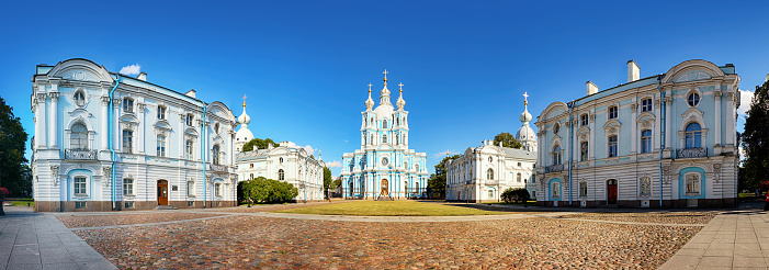 Stock photograph of the Dormition Cathedral at the landmark Kiev Pechersk Lavra monastery in Kiev Ukraine on a sunny day, a UNESCO World Heritage Site.