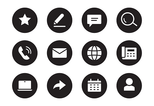 Phone, email contact icon. Mail, telephone adress, message symbol for website button. Black solid pictogram design style icon set. Vector illustration.