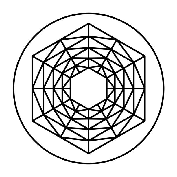 Grid pattern with symmetrical hexagonal shape, in a circle Grid pattern with symmetrical hexagonal shape, in a circle. Five hexagons, placed inside each other, connected with grid lines. Modeled on a crop circle pattern, found at Barbury Castle. Illustration. crop circle stock illustrations