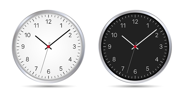 A set of black and white circular watches with a second hand and a metal bezel. Dial with numbers, hands and red center - vector