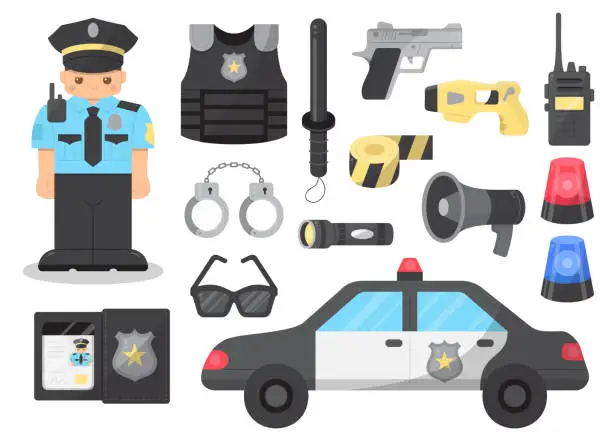 Vector illustration of Police officer with professional equipments set. Handcuffs, bulletproof vest, gun, car, baton