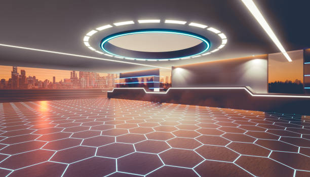 istock 3d rendering of empty space inside futuristic showroom, spaceship, hall or studio for background. 1409639939