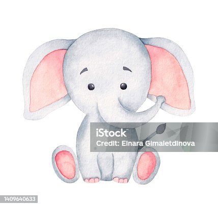 istock Cute baby elephant in a cartoon style. Watercolor African baby animal for children's holidays. 1409640633