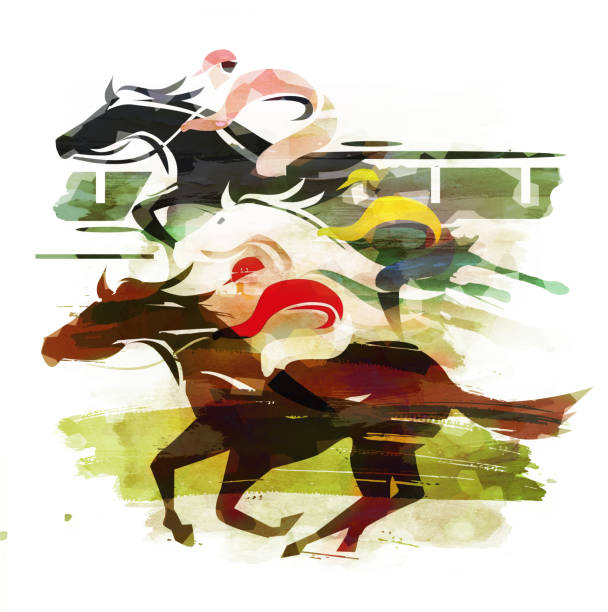 Race Horses, jockeys running action. Expressive Illustration of three Jockeys on horse at Full Speed. Imitation of watercolor painting. wrexham stock illustrations