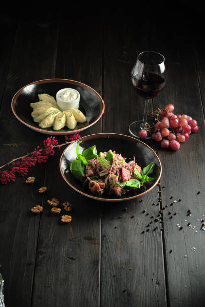 istock Meat steak on a wooden board catering menu 1409641653