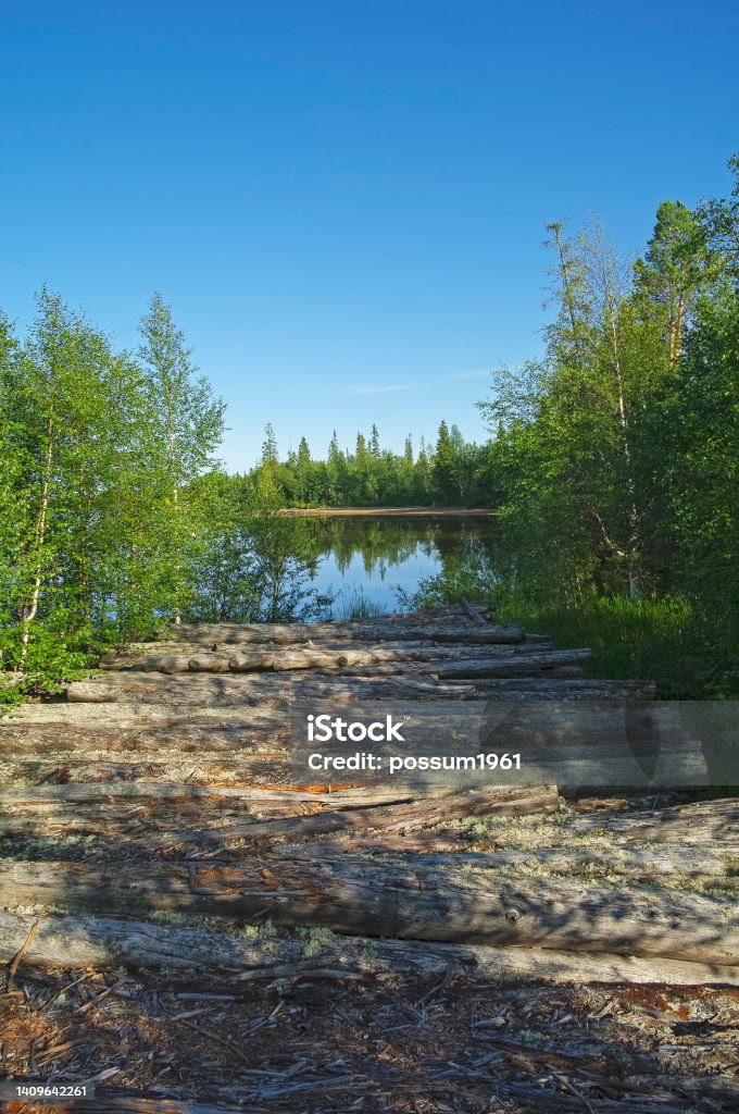 An old abandoned path, once used for timber rafting. An old abandoned path, once used for timber rafting. Lake Kanozero, Umba river, Kola Peninsula, Murmansk Oblast, Russia. Sunny day in August. Abandoned Stock Photo