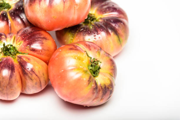 Tiger tomato on a cutting board with basil leaves on wooden background. Copy space. Fresh tomato wased for cooking. Tomato with droplets of water