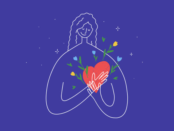 Self care, love inside, mental health, charity vector illustration with cute woman put her hands holding heart with flowers Cute woman put her hands holding blooming heart. Female silhouette vector illustration. Big heart with flowers. Love inside. Body care, self hugging. Mental health, charity, kindness, donation concept wellness concept stock illustrations