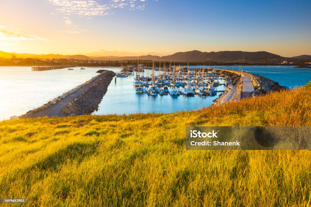 Coffs Harbour, NSW. Australia Sunset at Coffs Harbour Aerial View Stock Photo