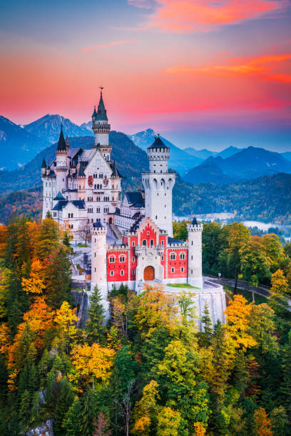 castelo neuschwanstein, alemanha - paisagem de outono de conto de fadas da baviera nos alpes bávaros - neuschwanstein allgau europe germany - fotografias e filmes do acervo
