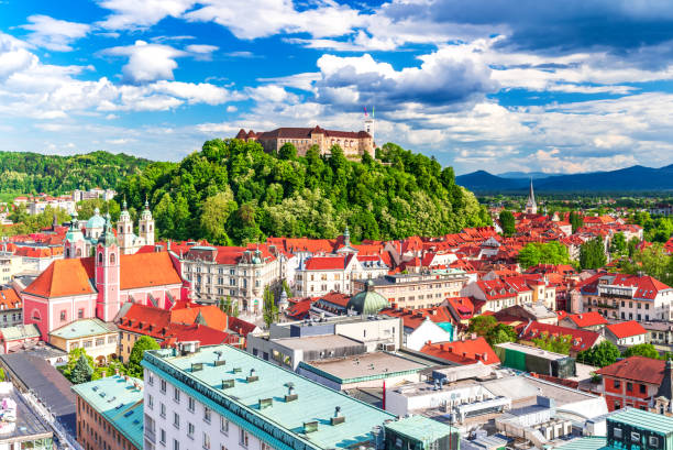 Ljubljana, Slovenia. Aerial view of the old town and Castle stock photo