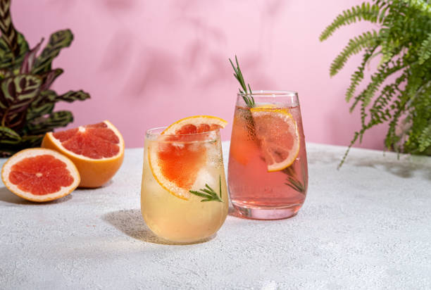 sommer erfrischende prickelnde cocktails mit grapefruit. limonade garniert mit frischem rosmarin. sommergetränk mit mineralwasser und grapefruitscheiben. - glass ice tonic water frozen stock-fotos und bilder