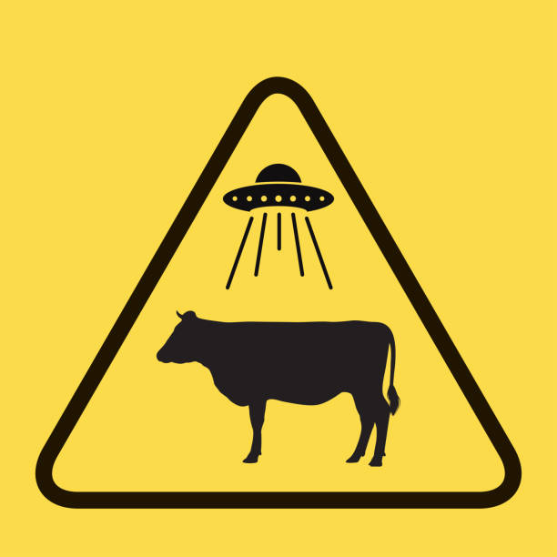 Alien and UFO warning road sign cow ufo abduction vector illustration Alien and UFO warning road sign cow ufo abduction vector illustration barren cow stock illustrations