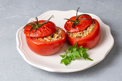 Traditional Turkish food; Stuffed tomatoes with olive oil stuffed with rice. Turkish name; domates dolmasi