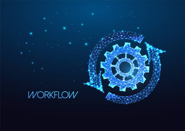 Concept of workflow production with cogwheel, gear and cycle arrows on dark blue background Concept of workflow production with cogwheel, gear and cycle arrows in futuristic glowing low polygonal style on dark blue background. Modern abstract connection design vector illustration. automation stock illustrations