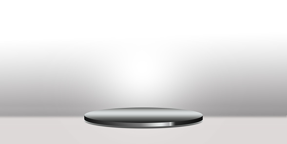 Empty Black White Circle Podium Stand with Studio Room 3d  background.Winner Stage Shelf Scene Template Platform Display isolated on grey with light backdrop. Abstract design for presentation Products