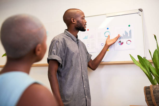 istock A Black man gives a presentation in the workplace with graphs 1409652040