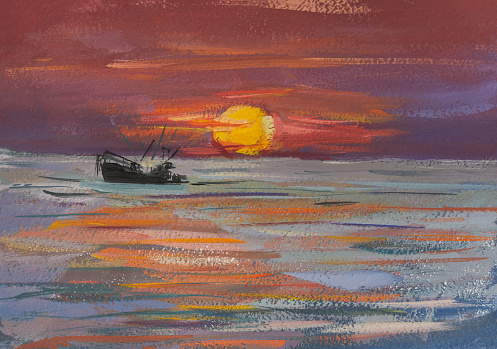 Sea ship gouache painting. Ship fishing at sunset. Author's illustration from nature in the open air. The concept of travel, summer, vacation vacations. Original postcard, website poster design