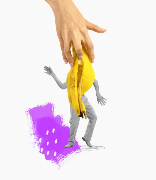 Contemporary art collage. Man cheerfully dancing. Banana head element symbolizing energy, nutrition, financial growth, and healthy lifestyle. Concept of creativity, symbollism, surrealism, imagination