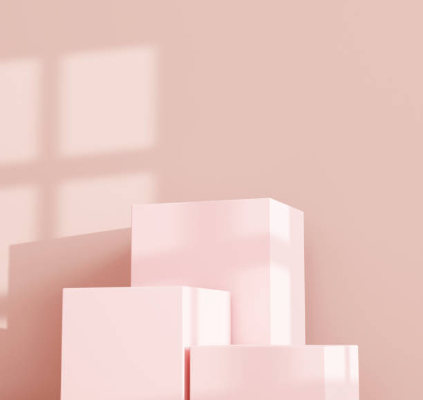 istock Beige Minimal podium wall scene with window shadow background 3D illustration empty display scene presentation for product placement 1409654369