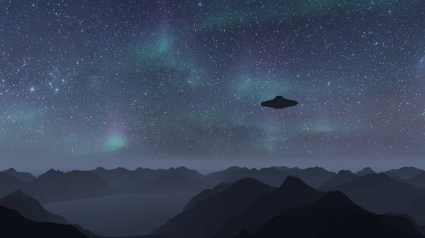 istock 3D illustration. UFO over the sea and mountains 1409655375