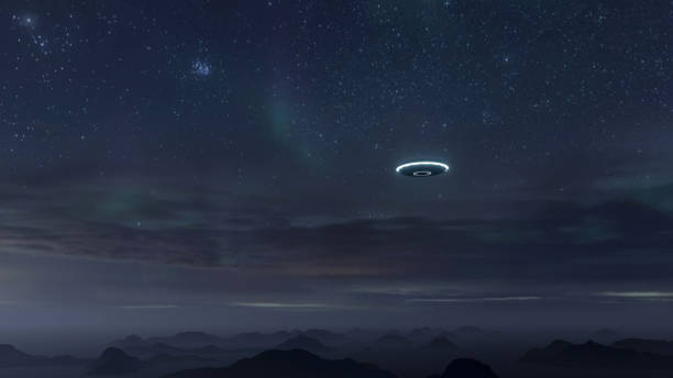 3D illustration. UFO over the sea and mountains