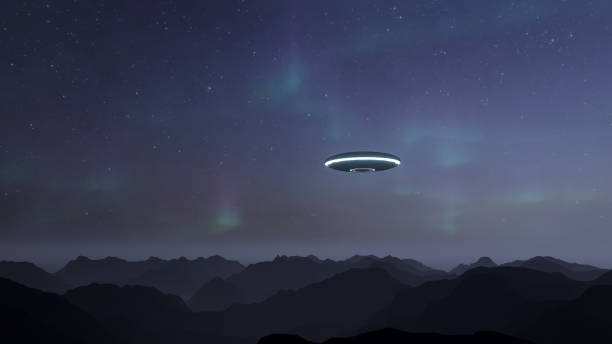 istock 3D illustration. UFO over the sea and mountains 1409655486
