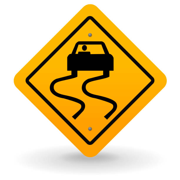 illustrazioni stock, clip art, cartoni animati e icone di tendenza di sign street road car slippery road warning icona vettoriale - road street sign slippery