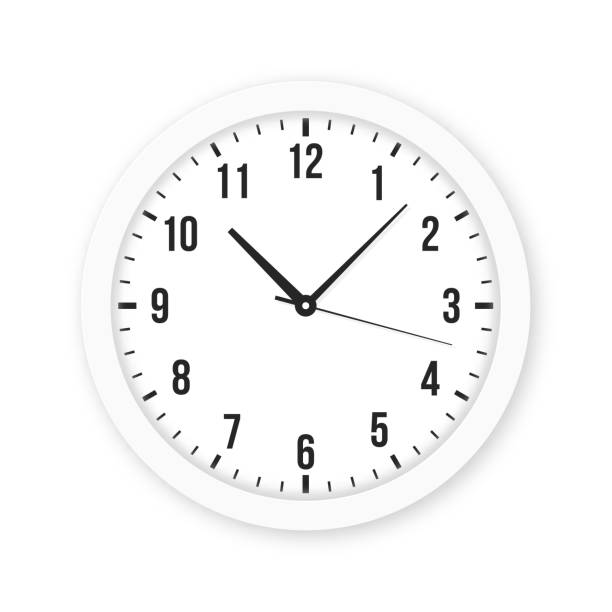 illustrations, cliparts, dessins animés et icônes de horloge moderne avec des nombres arabes isolés sur fond blanc. horloge murale blanche avec flèches et cadran d’horloge arabe - white background color image alarm clock deadline