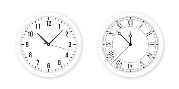 illustrations, cliparts, dessins animés et icônes de horloge vintage et moderne avec des chiffres romains et arabes isolés sur fond blanc. horloge murale blanche avec flèches et cadran d’horloge romain et arabe - clock face clock time deadline