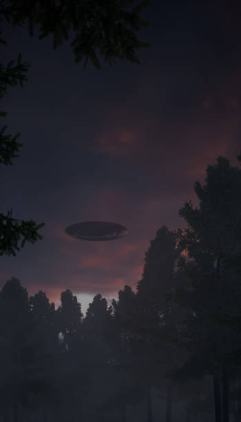 istock 3d illustration. UFO in the sky over the old forest road. 1409657367