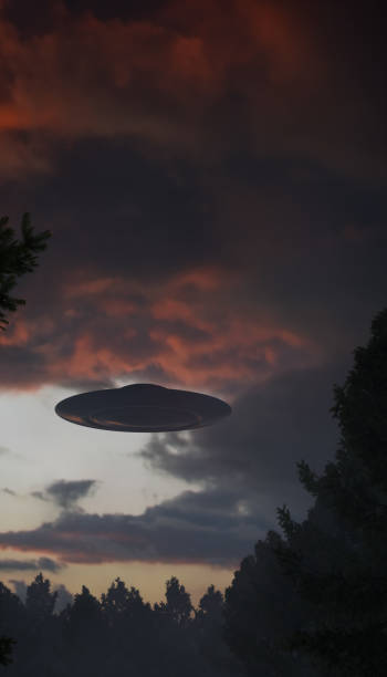 istock 3d illustration. UFO in the sky over the old forest road. 1409657379