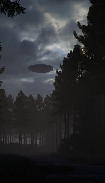 istock 3d illustration. UFO in the sky over the old forest road. 1409657405
