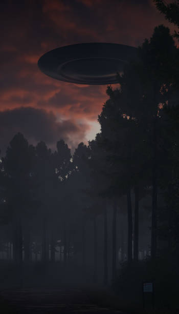 istock 3d illustration. UFO in the sky over the old forest road. 1409657460