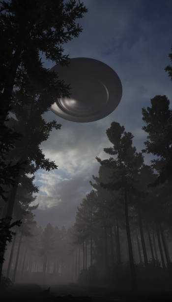 istock 3d illustration. UFO in the sky over the old forest road. 1409657626