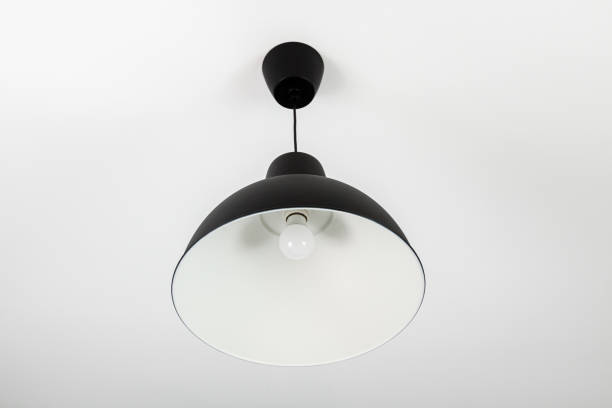 istock Modern pendant black lamps hang on a white ceiling 1409659878