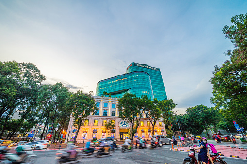 Ho Chi Minh city, Vietnam - 24 June 2022: busy day in downtown of Ho Chi Minh city, Vietnam. View of Metropolitan building and Diamond Plaza.