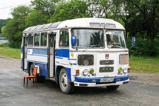 Miass, Russia - June 28, 2008: Old Soviet urban bus PAZ-672M in the city street.