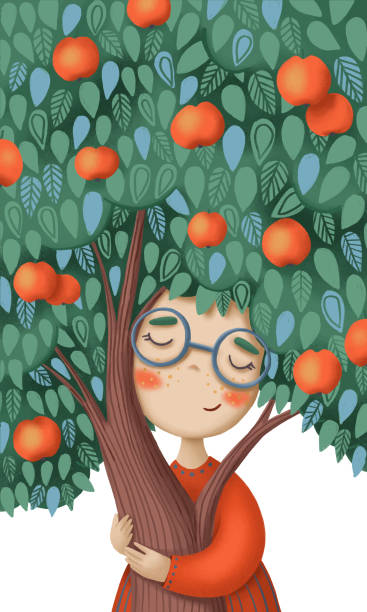 istock Cartoon eco art with a cute girl hugging an apple tree 1409661012