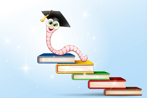 Cute cartoon Funny bookworm in graduate cap with tassel on the book stairs. Education, knowledge concept.