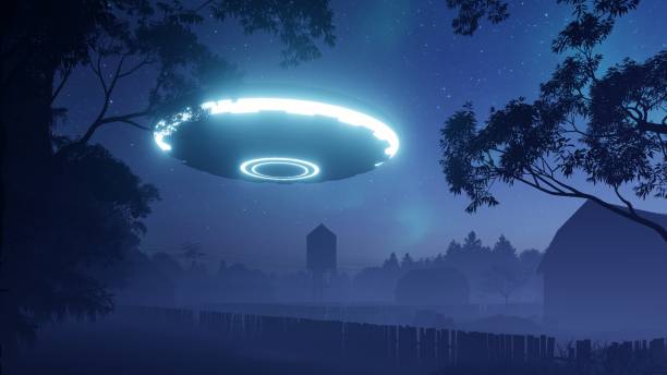 istock 3d render. UFO sprang up in the sky above an old farm 1409661142