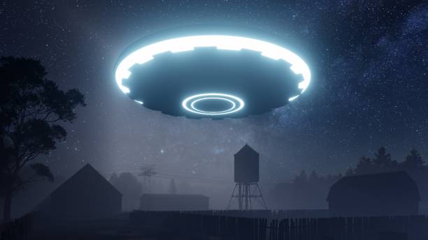istock 3d render. UFO sprang up in the sky above an old farm 1409661159