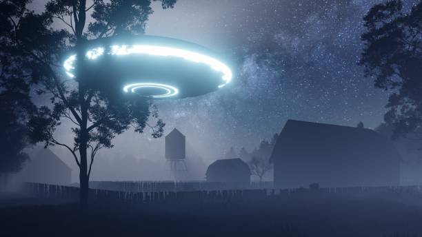 istock 3d render. UFO sprang up in the sky above an old farm 1409661170