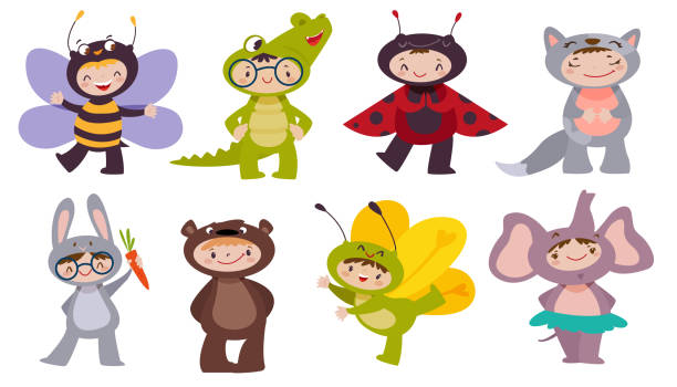 Flat funny children wearing carnival animal costumes on fun party Flat funny children wearing carnival animal costumes. Cute kids characters on fun party smiling, dancing. Set of happy childs in bee, bear, cat, rabbit, elephant, crocodile and insect costume dress. bee costume stock illustrations