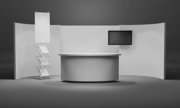 istock Exhibition stand design, Isolated booth mock-up with counter 1409661366