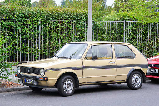 Berlin, Germany - September 12, 2013: Classic urban car Volkswagen Golf A1 in the city street.