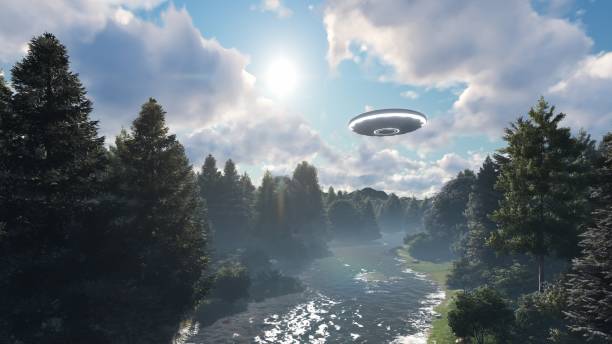 istock 3D UFO hangs in the sky over the river 1409662949