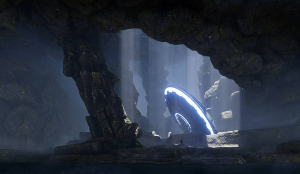 istock 3d render. UFO in an ancient huge cave in the rays of light. 1409663324
