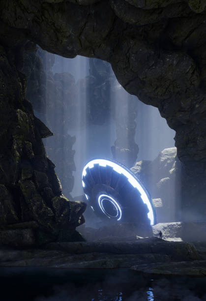 istock 3d render. UFO in an ancient huge cave in the rays of light. 1409663343